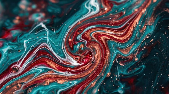 Abstract swirling liquid marble paint texture background with teal and copper
