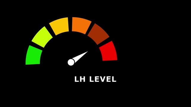Gradient scale LH level measuring device icon. Sign tachometer, speedometer, indicators.Risk management gauge with color-coded segments and needle. 4k video