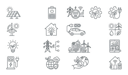 Obraz premium Renewable Energy and Eco Technology Outline Icon Collection for Sustainable Power