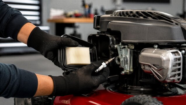 Mechanic hands in gloves replacing spark plug and air filter on lawn mower engine. Maintenance of garden equipment in workshop. Service and repair of gasoline yard power machine.