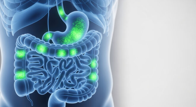 Microbiome health research gut illustration glowing bacteria digestive tract anatomy concept showing intestinal flora balance study