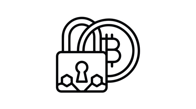 Bitcoin security icon with padlock and crypto coin, digital currency protection vector, blockchain safety and financial encryption concept