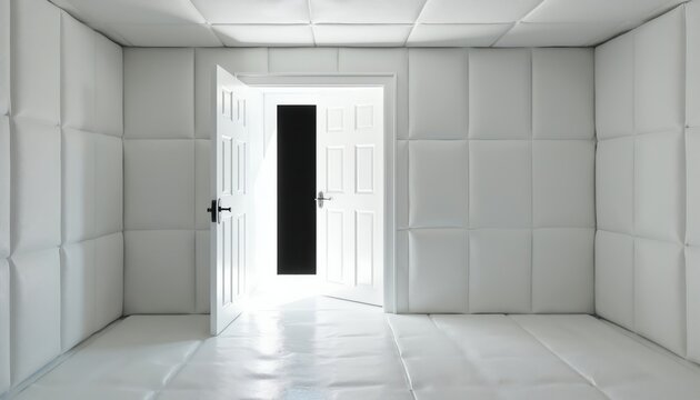 White padded room with open door symbolizing hope, escape from mental confinement. Bright light enters sterile, secure asylum space offering therapy possibilities. Recovery from illness is suggested.