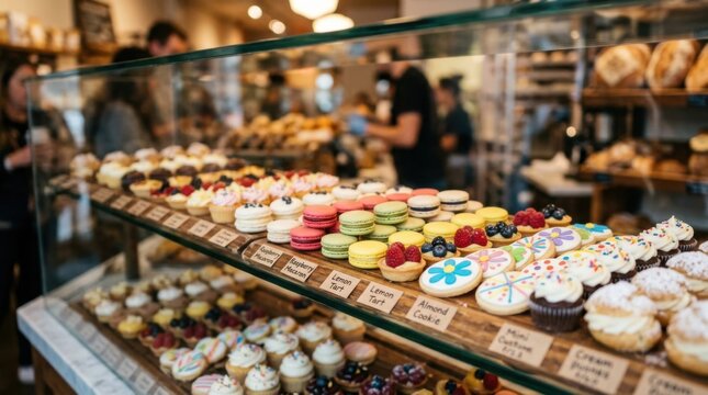 Assortment of fresh pastries and macarons in a bakery display case