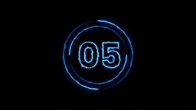 Neon bright glowing countdown timer from 10 to 0 secondsSimple animation of 10 seconds countdown timer with dashed circle on black background.4k animation