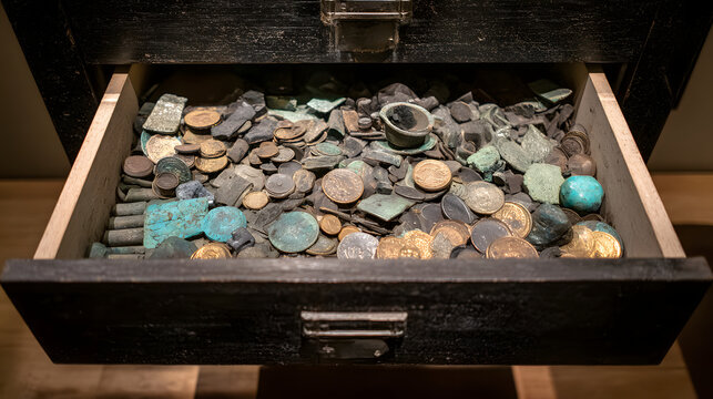Ancient coin metal artifact gold silver copper treasure drawer historical collection aged valuable mysterious wealth discovery storage old currency archaeology antique patina rare preserved
