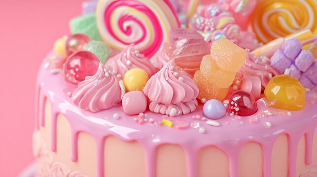 Colorful Assorted Candy Decorations on a Pink Sweet Treat for Celebrations