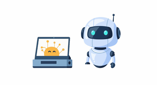 A robot beside a laptop with a cartoon virus on the screen