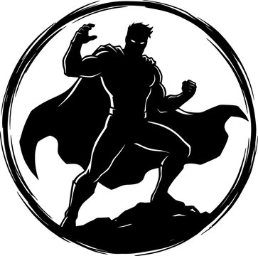 Superhero silhouette standing heroically inside a circular frame with superhero silhouette circular standing