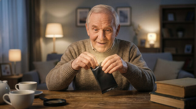 Concentrated Senior Man Opening Card Booster Pack on Living Room Desk