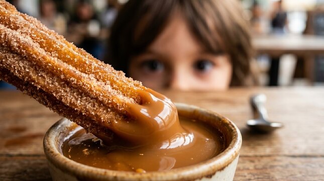 Child eagerly watching churro being dipped in caramel sauce on wooden table