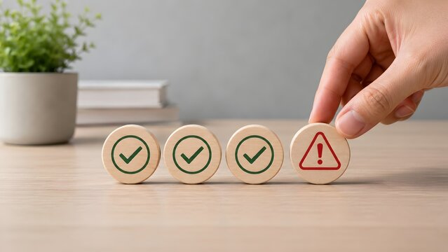 Risk assessment and compliance audit concept featuring hand identifying a red warning token among approved checkmarks