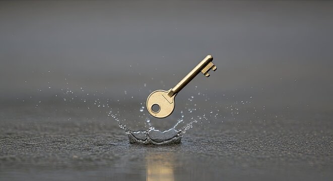 Golden key falling into water creating splash.