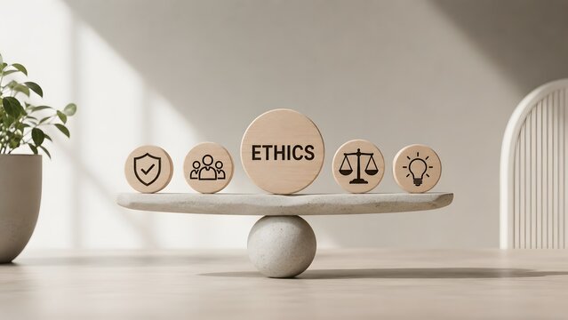 Corporate ethics balance concept featuring a stone scale weighing security and people against justice and innovation