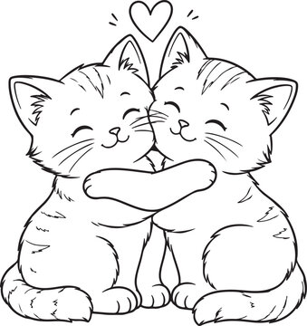 Two cute little kittens hugging each other with a heart symbol drawing for kids
