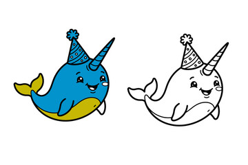 Narwhal colouring page and book illustration cute unicorn whale design for kids activities © JELY