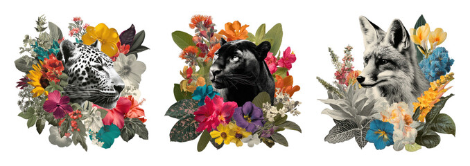 Obraz premium PNG Vibrant animal floral collage on transparent background