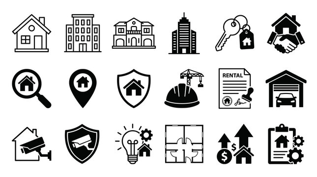 Real estate line and glyph solid icons vector collection for property housing and real estate services isolated on white