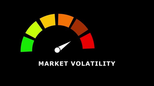Gradient scale Market Volatility level measuring device icon. Sign tachometer, speedometer, indicators.Risk management gauge with color-coded segments and needle. 4k video