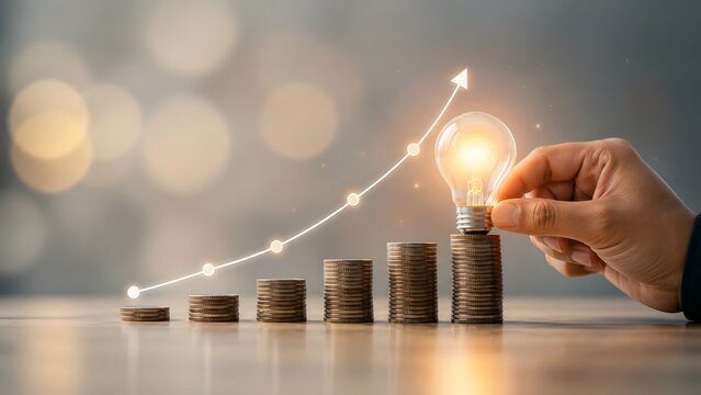 Financial growth concept with a hand placing a glowing lightbulb on a stack of coins with a rising arrow representing business success