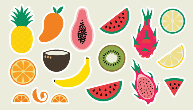 Fresh Tropical Fruit Clipart Food Vector Sticker Sheet