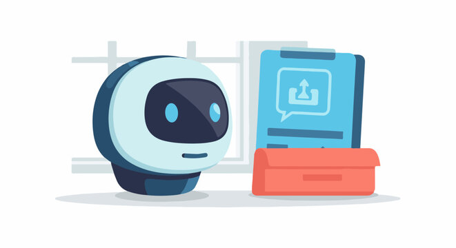 A cartoon robot and smartphone with a speech bubble on screen