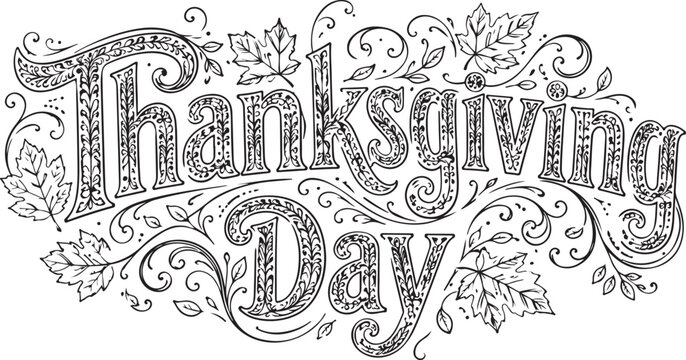 Decorative thanksgiving day text with hand drawn autumn leaves and floral patterns