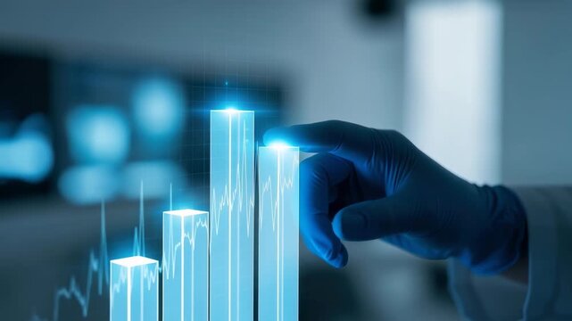 Healthcare growth statistics chart with gloved hand showing medical data trend, rising analytics, bar analysis, blue lab interface