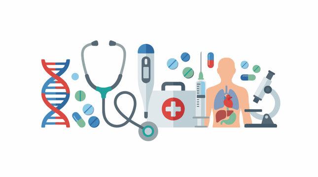 A medical illustration featuring a DNA helix, stethoscope, thermometer, first aid kit, syringe, human body with organs, and microscope