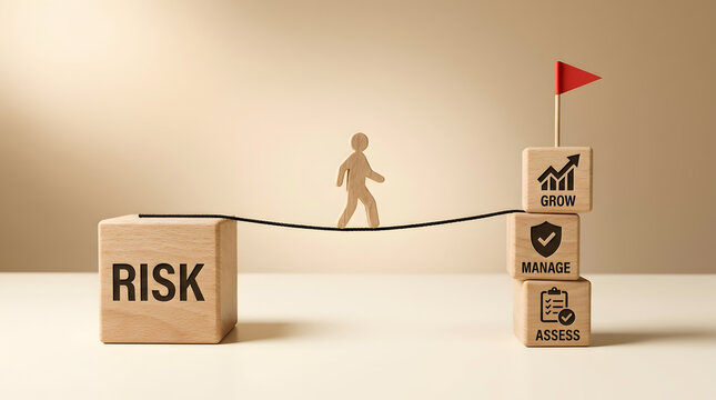 Strategic risk management concept featuring a wooden figure balancing on a rope towards business growth and success goals
