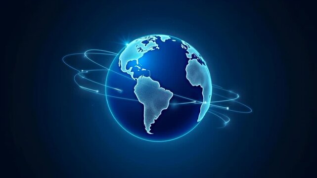 Rotating globe with blue oceans and continents, illuminated by light, showcasing Earth's surface and orbital paths against a dark background in a continuous motion sequence