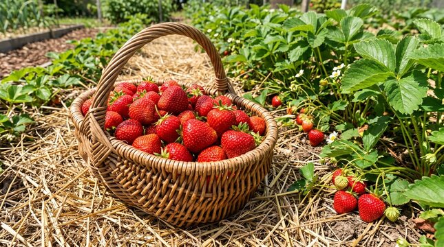 Freshly Picked Strawberries in Wicker Basket at Organic Farm
