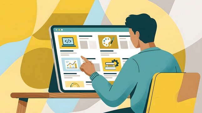 A clean minimal illust n capturing the essence of a person engaged in mindful browsing and focus on digital content within a serene setting