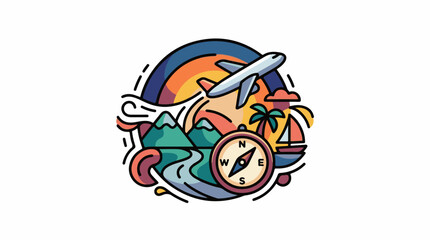 Obraz premium A colorful illustration of a plane flying over a scenic landscape with a compass