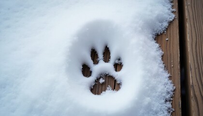 Naklejka premium Animal paw print pressed into fluffy white snow on a wooden deck. Trace shows clear detail of claws and pads left behind on textured planks. Winter outdoor scene.