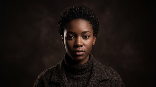 Portrait of a serious young Black woman with short natural curly hair wearing a dark brown turtleneck sweater in a studio with moody lighting