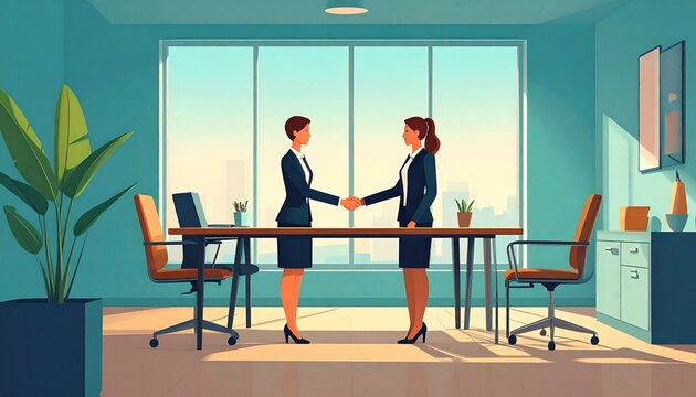 due donne in abiti eleganti che si danno la mano in un ufficio, fare affari, concetti sul lavoro, illustrazione 2D