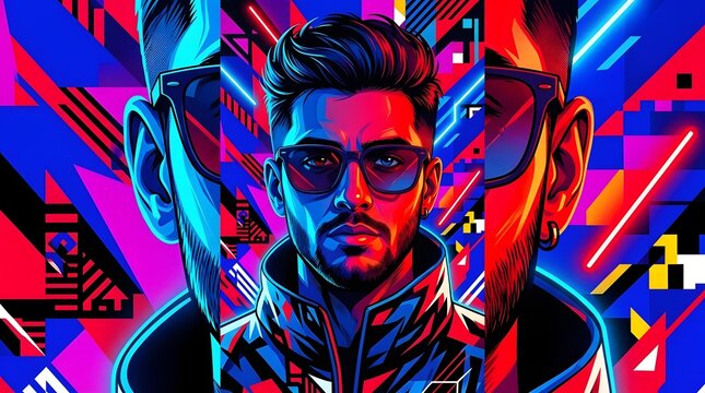 This is a striking illust n featuring a contemporary portrait in a bold pop art style emphasizing futuristic design and modern ic expression