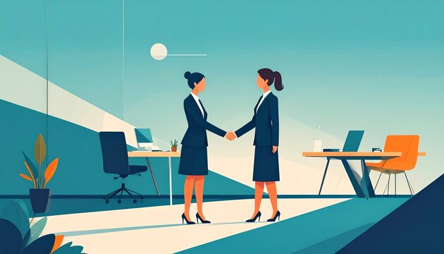 due donne in abiti eleganti che si danno la mano in un ufficio, fare affari, concetti sul lavoro, illustrazione 2D