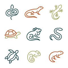 Set of reptile icons: snake, lizard, iguana, turtle, chameleon. Outline drawings. © pratama yudi
