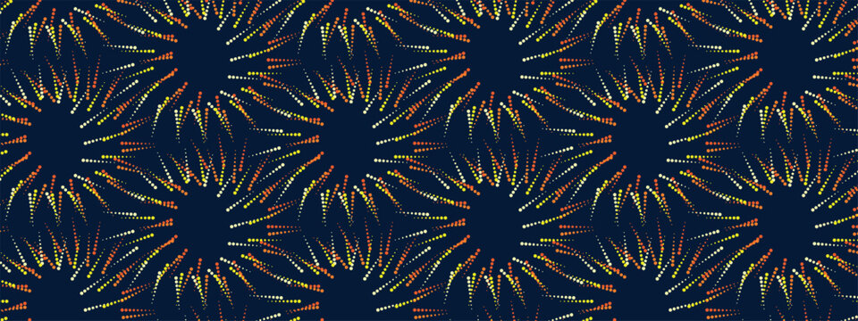 Firework bright dot pattern on dark background. Abstract vector seamless ornament for textile, fabric, interior, wallpaper, paper decoration, decor, cover, design