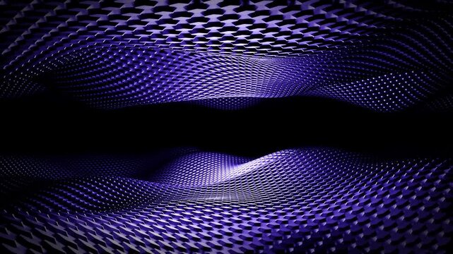 Seamless loop background with abstract dynamic waves landscape composed of purple geometric elements. Flowing surface of elegant futuristic field illuminated in vibrant violet tones. Looped 4K 60fps