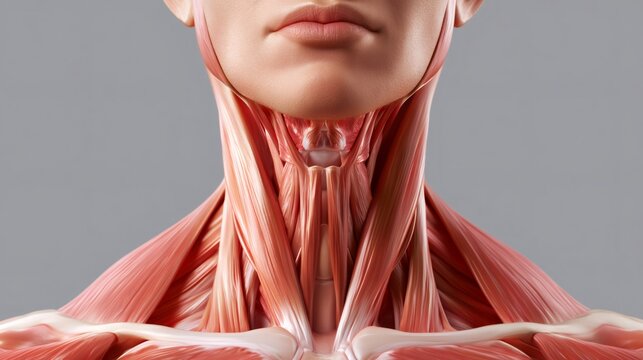 Visible muscle structures of the human neck and throat area illustrating the complex musculature and anatomy including the sternocleidomastoid and trapezius
