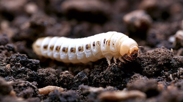 Close up macro view capturing a white grub larva, likely a beetle pest, moving on nutrient rich dark brown soil, representing agriculture challenges or a stage of insect life