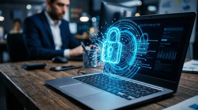 Close-up of open laptop on wooden desk with neon-blue holographic padlock symbol, binary code, encryption graphics, blurred businessman, high-contrast tech aesthetic with copy space.

