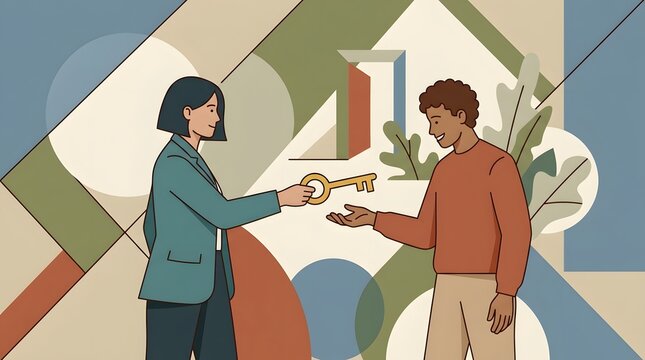 An adult hand is carefully handing a physical key to another person representing the exchange of trust ownership and access to a secure space or opport