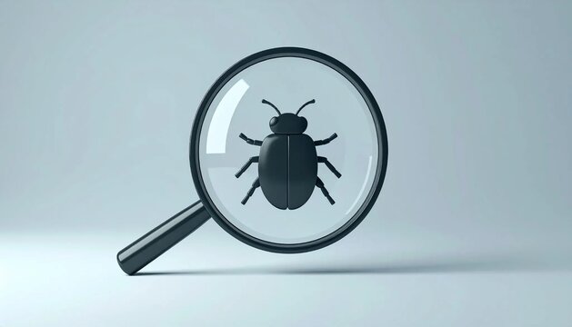 3D magnifying glass over bug silhouette icon isolated on white backgro