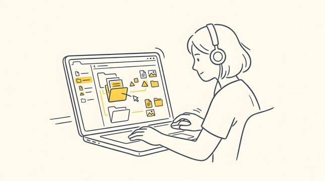 An individual is engaged in the process of organizing and managing digital files and documents using a laptop within a modern organized workspace demonstrating focus and productivity