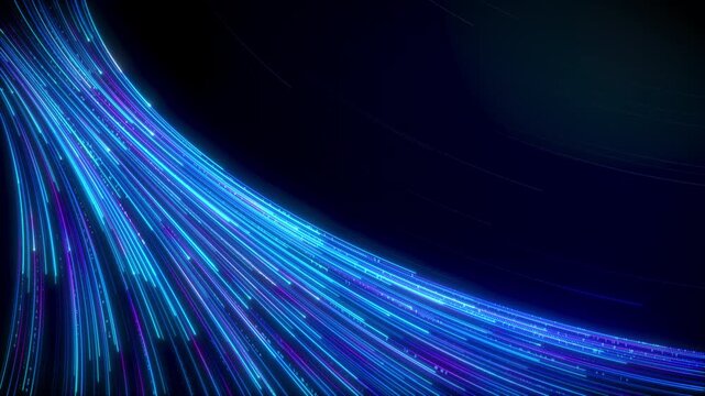 Futuristic technology background with glowing blue high Speed Light Streaks internet data lines. Dynamic Flowing Neural Digital trails.