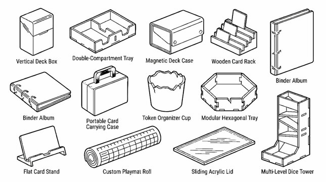 Collection of tabletop gaming accessories and card storage organization equipment line art icons.